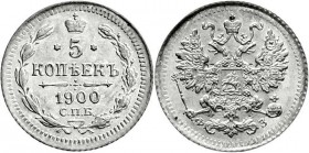 Ausländische Münzen und Medaillen
Russland
Nikolaus II., 1894-1917
5 Kopeken Silber 1900, St. Petersburg.
fast Stempelglanz