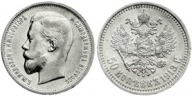 Ausländische Münzen und Medaillen
Russland
Nikolaus II., 1894-1917
50 Kopeken 1913 BC, St. Petersburg. sehr schön/vorzüglich, kl. Randfehler