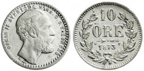 Ausländische Münzen und Medaillen
Schweden
Oskar II., 1872-1907
10 Öre 1873 ST. Fuss des E von SVERIGE geteilt.
gutes sehr schön