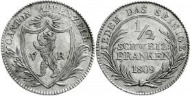 Ausländische Münzen und Medaillen
Schweiz-Appenzell
Kanton
Halbfranken 1809. Auflage nur 6534 Ex.
fast Stempelglanz, schöne Tönung, selten