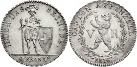 Ausländische Münzen und Medaillen
Schweiz-Appenzell
Kanton
4 Franken 1816. Auflage nur 1850 Ex.
vorzüglich/Stempelglanz aus Erstabschlag, selten...
