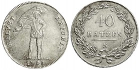Ausländische Münzen und Medaillen
Schweiz-Helvetische Republik
40 Batzen 1798, Solothurn.
sehr schön/vorzüglich, kl. Kratzer, selten