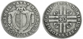 Ausländische Münzen und Medaillen
Schweiz-Luzern, Stadt
Vierteltaler (10 Batzen = 40 Kreuzer) 1793. fast sehr schön