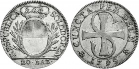 Ausländische Münzen und Medaillen
Schweiz-Solothurn
20 Batzen 1795, Solothurn.
gutes vorzüglich, kl. Kratzer