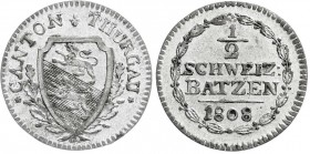 Ausländische Münzen und Medaillen
Schweiz-Thurgau Kanton
1/2 Batzen 1808. fast vorzüglich
