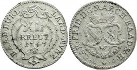 Altdeutsche Münzen und Medaillen
Baden-Durlach
Karl Friedrich, 1738-1806
12 Kreuzer 1747, Durlach.
vorzüglich, kl. Schrötlingsfehler am Rand