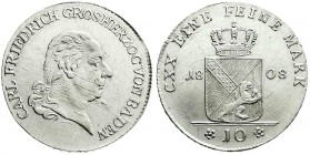 Altdeutsche Münzen und Medaillen
Baden-Durlach
Karl Friedrich, als Großherzog, 1806-1811
10 Kreuzer 1808 vorzüglich, justiert, selten