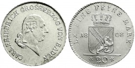 Altdeutsche Münzen und Medaillen
Baden-Durlach
Karl Friedrich, als Großherzog, 1806-1811
20 Kreuzer 1808. vorzüglich/Stempelglanz, leicht justiert,...