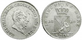 Altdeutsche Münzen und Medaillen
Baden-Durlach
Karl Friedrich, als Großherzog, 1806-1811
20 Kreuzer 1810 vorzüglich, kl. Schrötlingsfehler, sehr se...