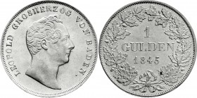 Altdeutsche Münzen und Medaillen
Baden-Durlach
Leopold, 1830-1852
Gulden 1845, kleiner Kopf.
fast Stempelglanz, Prachtexemplar