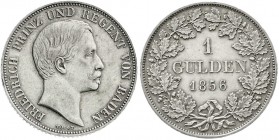 Altdeutsche Münzen und Medaillen
Baden-Durlach
Friedrich I., 1852-1907
Gulden 1856. Prinz und Regent.
fast vorzüglich