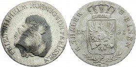 Altdeutsche Münzen und Medaillen
Brandenburg-Preußen
Friedrich Wilhelm II., 1786-1797
1/3 Taler 1791 E, Königsberg.
sehr schön, Fleck