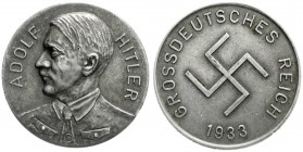 Medaillen
Drittes Reich
Silbermedaille 1933 Brb. Hitlers n.l./GROSSDEUTSCHES REICH um Hakenkreuz. 34 mm, 19,72 g.
vorzüglich