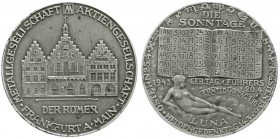Medaillen
Drittes Reich
Zinn-Kalendermedaille 1943, Metallgesellschaft Frankfurt a.M. Der "Römer"/Kalender über Luna mit Eintrag "Geb. Tag. d. Führe...