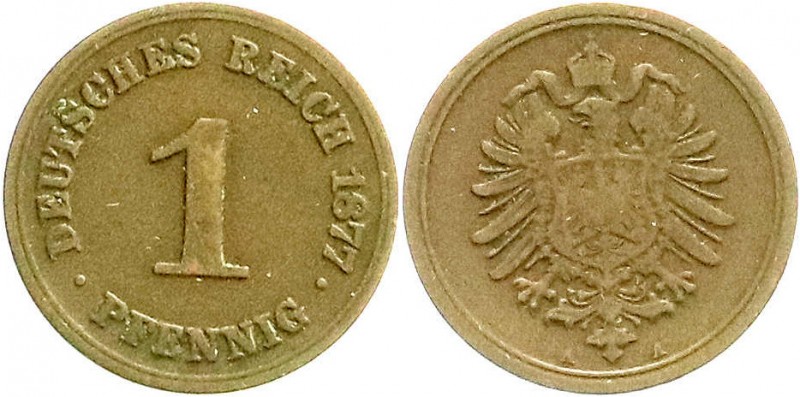 Reichskleinmünzen
1 Pfennig kleiner Adler, Kupfer 1873-1889
1877 A. schön/sehr...