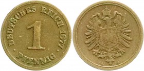 Reichskleinmünzen
1 Pfennig kleiner Adler, Kupfer 1873-1889
1877 A. schön/sehr schön