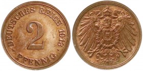Reichskleinmünzen
2 Pfennig großer Adler, Kupfer, 1904-1916
1913 E. Polierte Platte, Prachtexemplar, sehr selten