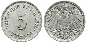 Reichskleinmünzen
5 Pfennig großer Adler, Kupfer/Nickel 1890-1915
1896 F fast Stempelglanz, Prachtexemplar
