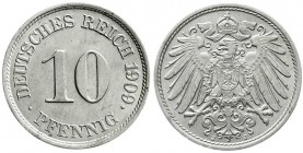 Reichskleinmünzen
10 Pfennig großer Adler, Kupfer/Nickel 1890-1916
1909 J fast Stempelglanz, selten