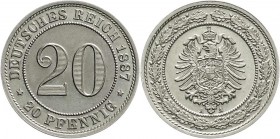 Reichskleinmünzen
20 Pfennig kleiner Adler, Nickel 1887-1888
1887 A. Stempelglanz, Prachtexemplar