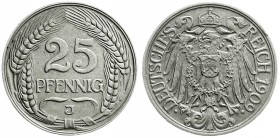 Reichskleinmünzen
25 Pfennig, Nickel 1909-1912
1909 J. fast vorzüglich, kl. Randfehler, sehr selten