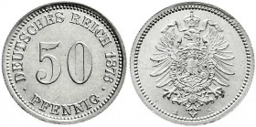 Reichskleinmünzen
50 Pfennig kleiner Adler, Silber 1875-1877
1876 A. fast Stempelglanz, min. Stempelfehler