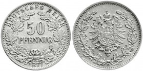 Reichskleinmünzen
50 Pfennig kl. Adler Eichenzweige Silber 1877-1878
1877 D. gutes vorzüglich