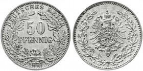 Reichskleinmünzen
50 Pfennig kl. Adler Eichenzweige Silber 1877-1878
1877 J. vorzüglich/Stempelglanz