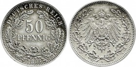Reichskleinmünzen
50 Pfennig gr. Adler Eichenzweige Silb. 1896-1903
1896 A. vorzüglich/Stempelglanz aus Erstabschlag, min. berieben