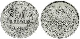 Reichskleinmünzen
50 Pfennig gr. Adler Eichenzweige Silb. 1896-1903
1898 A. vorzüglich, kl. Randfehler