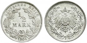 Reichskleinmünzen
1/2 Mark gr. Adler Eichenzweige, Silber 1905-1919
1906 F. Polierte Platte, berieben