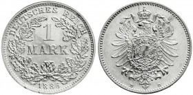 Reichskleinmünzen
1 Mark kleiner Adler, Silber 1873-1887
1886 D. fast Stempelglanz, Prachtexemplar, kl. Randfehler