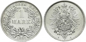 Reichskleinmünzen
1 Mark kleiner Adler, Silber 1873-1887
1887 A. fast Stempelglanz, winz. Randfehler