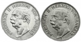 Reichssilbermünzen J. 19-178
Anhalt
Friedrich II., 1904-1918
2 X 3 Mark 1909 A und 1911 A. beide sehr schön, kl. Randfehler
