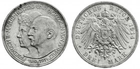 Reichssilbermünzen J. 19-178
Anhalt
Friedrich II., 1904-1918
3 Mark 1914 A. Silberne Hochzeit.
vorzüglich, kl. Kratzer