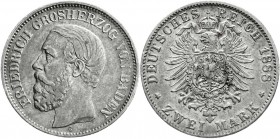 Reichssilbermünzen J. 19-178
Baden
Friedrich I., 1856-1907
2 Mark 1888 G. sehr schön