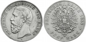 Reichssilbermünzen J. 19-178
Baden
Friedrich I., 1856-1907
5 Mark 1888 G. A mit Querstrich.
sehr schön, kl. Randfehler