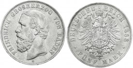 Reichssilbermünzen J. 19-178
Baden
Friedrich I., 1856-1907
5 Mark 1888 G. A ohne Querstrich.
sehr schön, kl. Randfehler