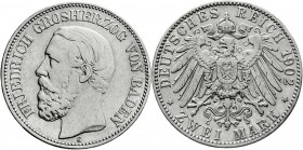 Reichssilbermünzen J. 19-178
Baden
Friedrich I., 1856-1907
2 Mark 1902 G. Auflage nur 5000 Ex.
sehr schön, sehr selten