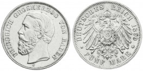 Reichssilbermünzen J. 19-178
Baden
Friedrich I., 1856-1907
5 Mark 1899 G. vorzüglich/Stempelglanz, winz. Randfehler