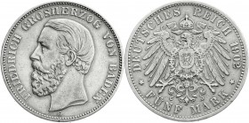 Reichssilbermünzen J. 19-178
Baden
Friedrich I., 1856-1907
5 Mark 1902 G. Seltenes Jahr.
sehr schön, winz. Randfehler