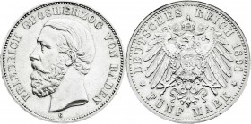 Reichssilbermünzen J. 19-178
Baden
Friedrich I., 1856-1907
5 Mark 1891 G. A ohne Querstrich.
vorzüglich, winz. Kratzer etwas berieben, selten
