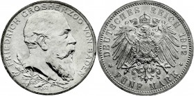 Reichssilbermünzen J. 19-178
Baden
Friedrich I., 1856-1907
5 Mark 1902. 50 jähriges Regierungsjubiläum.
prägefrisch, kl. Randfehler