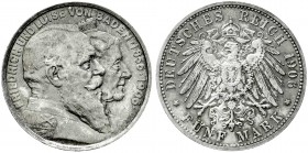 Reichssilbermünzen J. 19-178
Baden
Friedrich I., 1856-1907
5 Mark 1906. Zur goldenen Hochzeit.
Stempelglanz, Prachtexemplar mit herrlicher Patina
