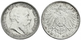 Reichssilbermünzen J. 19-178
Baden
Friedrich I., 1856-1907
2 Mark 1907. Auf seinen Tod.
Stempelglanz, Prachtexemplar mit herrlicher Tönung