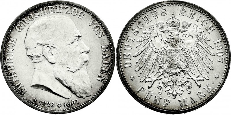 Reichssilbermünzen J. 19-178
Baden
Friedrich I., 1856-1907
5 Mark 1907. Auf s...