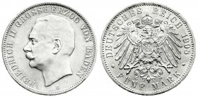 Reichssilbermünzen J. 19-178
Baden
Friedrich II., 1907-1918
5 Mark 1908 G. vorzüglich/Stempelglanz, kl. Kratzer