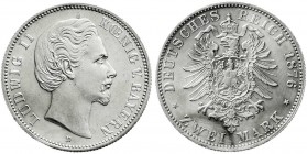 Reichssilbermünzen J. 19-178
Bayern
Ludwig II., 1864-1886
2 Mark 1876 D. fast Stempelglanz