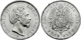 Reichssilbermünzen J. 19-178
Bayern
Ludwig II., 1864-1886
5 Mark 1876 D. fast Stempelglanz, kl. Randfehler, sonst Prachtexemplar