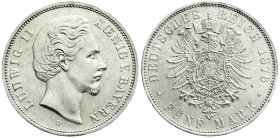 Reichssilbermünzen J. 19-178
Bayern
Ludwig II., 1864-1886
5 Mark 1876 D. prägefrisch, kl. Kratzer